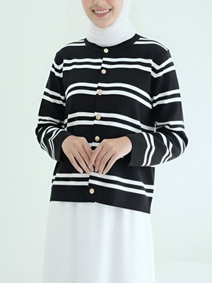 Siyah Parlak Düğmeli Çizgili Triko Hırka