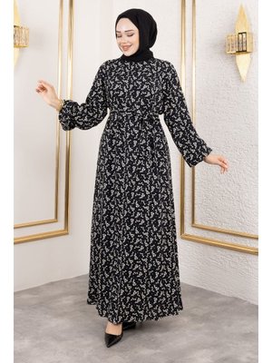 Siyah Küçük Çiçek Desenli Viskon Elbise