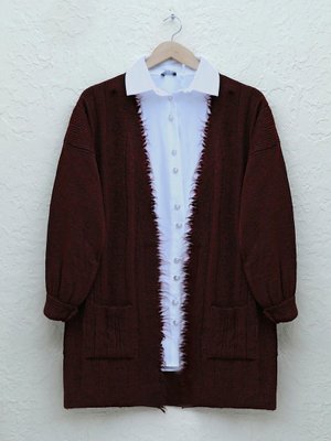 Bordo Püskül Detaylı Cepli Triko Hırka Bordo Püskül Detaylı Cepli Triko Hırka