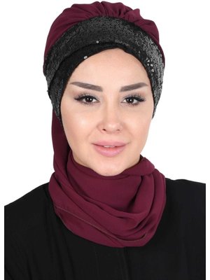 Siyah Fularlı Payet Aksesuarlı Şifon Hazır Türban,ht 54p Mürdüm Siyah Fularlı Payet Aksesuarlı Şifon Hazır Türban,ht 54p Mürdüm