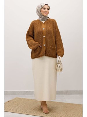 Taba Yumuşak Dokulu Düğmeli Triko Hırka