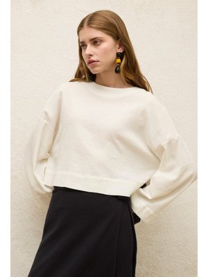 Ekru Pamuklu Geniş Kol Crop Bluz