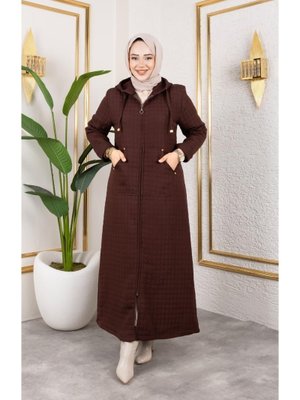 Kapüşonlu Fermuarlı Cepli Kahverengi Kapitone Uzun Kap