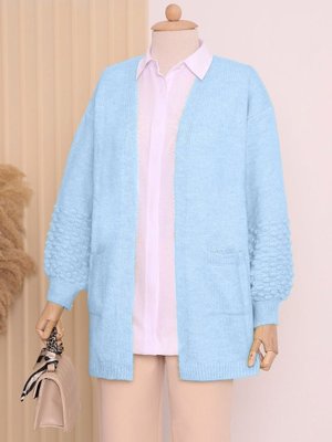 Bebe Mavi Balon Kol Kolu Ponponlu Cepli Hırka