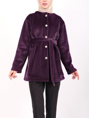 Mürdüm Düğmeli Beli Bağlamalı Kürklü Ceket