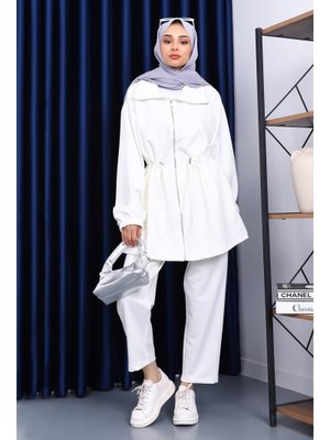 Ekru Bel Lastikli Tunik Pantolonlu Takım Ekru Bel Lastikli Tunik Pantolonlu Takım