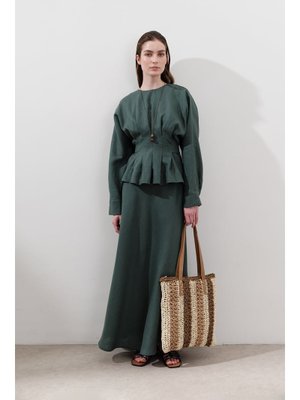 Petrol Keten Dikiş Detaylı Etek Petrol Keten Dikiş Detaylı Etek