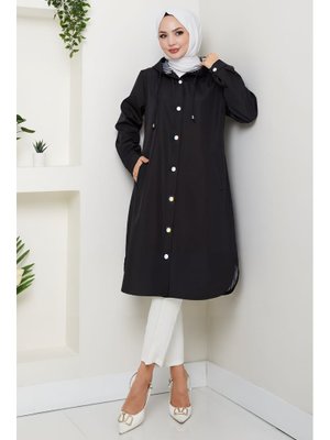 Siyah Astarı Çizgili Yan Cepli Kapüşonlu Trençkot