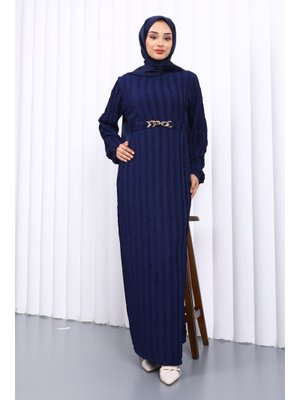 Lacivert Beli Kemerli Fırfır Detaylı Gofre Elbise Lacivert Beli Kemerli Fırfır Detaylı Gofre Elbise