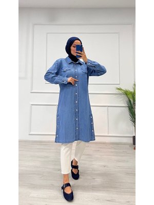 Mavi Yandan Düğme Detaylı Tensel Kot Gömlek Tunik