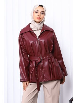 Mürdüm Kemerli Deri Ceket