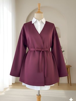 Bordo Beli Kuşaklı V Yaka Scuba Kimono