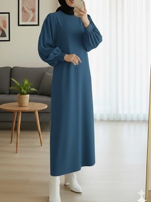 Petrol Yuvarlak Yaka Uzun Oysh Elbise