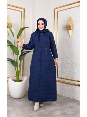 Kapüşonlu Fermuarlı Cepli Lacivert Kapitone Uzun Kap