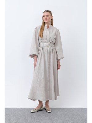 20658elb Çift Kemerli Hakim Yaka Elbise