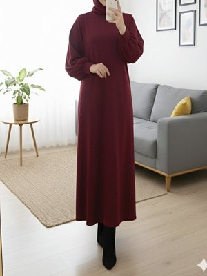 Bordo Yuvarlak Yaka Uzun Oysh Elbise