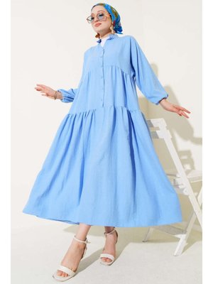 Mavi Hakim Yaka Yarım Düğmeli Patlı Elbise