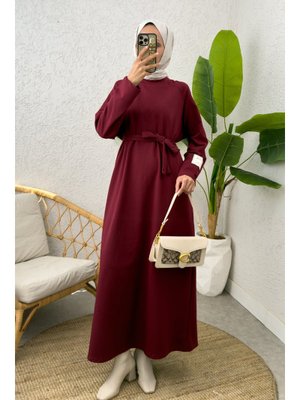 Bordo İki İplik Kuşaklı Elbise Bordo İki İplik Kuşaklı Elbise