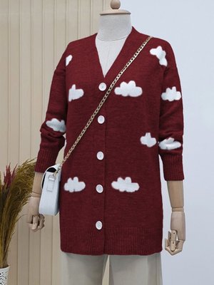 Bordo Bulutlu Düğmeli Hırka