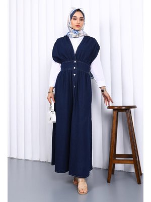 Lacivert Kruvaze Yaka Düğmeli Kot Elbise Lacivert Kruvaze Yaka Düğmeli Kot Elbise
