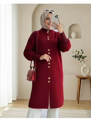 Bordo Önü Düğmeli Uzun Sakallı Yumoş Hırka