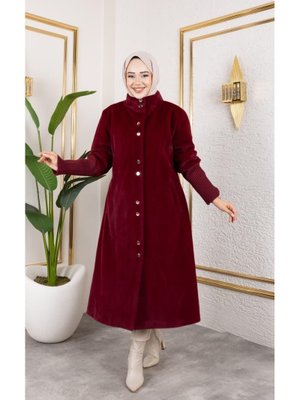 Astarlı Angora Düğmeli Bordo Kaban Astarlı Angora Düğmeli Bordo Kaban