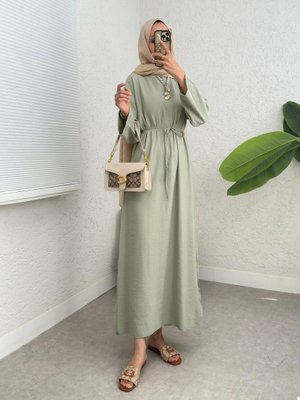 Çağla Y. Beli Bağlamalı Arkası Fermuarlı Keten Elbise