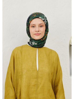 Siyah Botanic Desen Pamuk Vual Eşarp