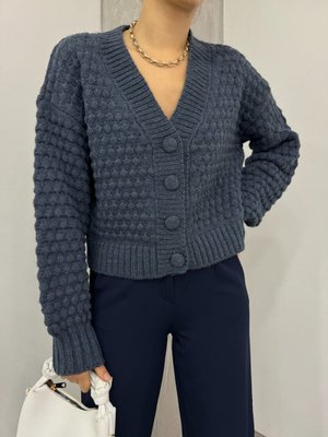 İndigo Kabartma Örgülü Düğmeli Triko Hırka