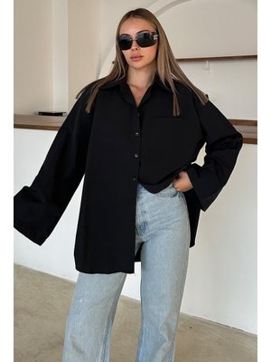 Siyah İspanyol Kol Salaş Pamuklu Gömlek Siyah İspanyol Kol Salaş Pamuklu Gömlek