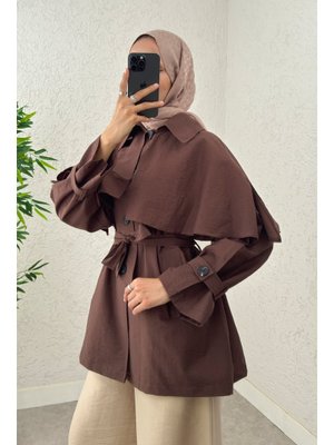 Kahverengi Panço Detaylı Trençkot