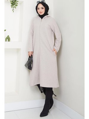 Krem Fermuarlı Kapüşonlu Kap