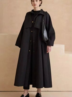 Siyah Bilekleri Bağlamalı Ceket Kapaklı Pamuklu Kanvas Trençkot