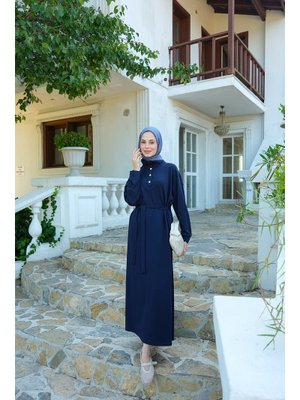 Lacivert Yüksek Yaka Çıtçıtlı Elbise Lacivert Yüksek Yaka Çıtçıtlı Elbise