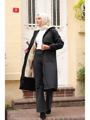 Kapüşonlu Belden Sıkmalı Bondit Kaban