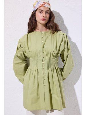 Yeşil Beli Pile Detaylı Uzun Kol Bluz