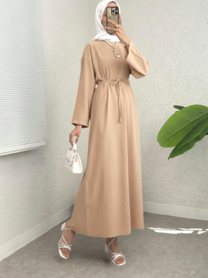 Bej Beli Bağlamalı Arkası Fermuarlı Keten Elbise Bej Beli Bağlamalı Arkası Fermuarlı Keten Elbise