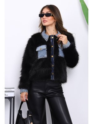 Siyah Kot Detaylı Cepli Kürk Ceket Siyah Kot Detaylı Cepli Kürk Ceket