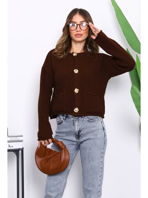 Kahverengi Selanik Örgülü Kısa Triko Hırka