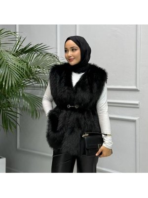 Astarlı Kemerli Rahat Kalıp Kürk Siyah Yelek