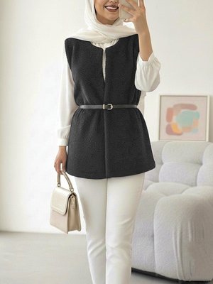 Siyah Beli Kemerli Çift Cepli Astarlı Peluş Yelek