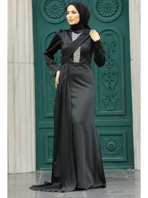Kuyruklu Siyah Saten Abiye Elbise 22891s