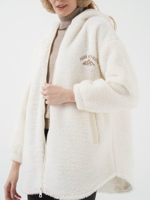 Ekru Kapüşonlu Fermuarlı Kanguru Cepli Astarlı Peluş Mont