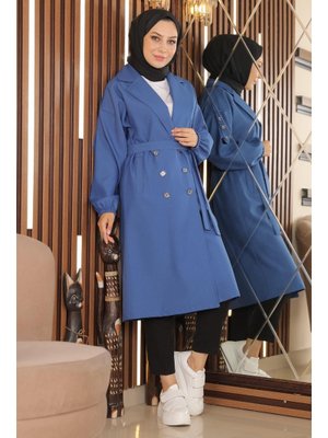 İndigo Düğme Detaylı Trençkot