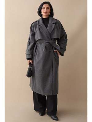 Apoletli Kuşaklı Oversize Koyu Gri Kaşe Kaban