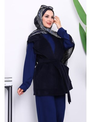 Lacivert Kruvaze Yaka Kuşaklı Kaşe Yelek