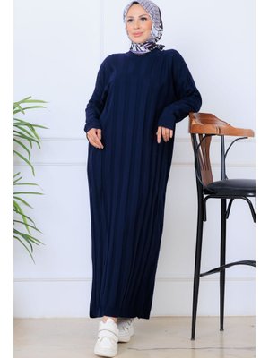 Lacivert Kendinden Çizgili Triko Elbise