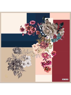 Bordo Çiçekli Desen Black Seri Twill Eşarp Askısı İle Birlikte 90x90 Cm Bej Lacivert