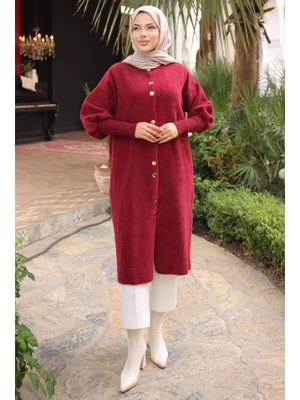 Bordo Hakim Yaka Angora Yumoş Kaban Hırka