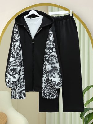 Siyah Fermuarlı Kapüşonlu Yanları Desenli Scuba Takım